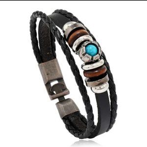 1 Handmade Boho Gypsy Black Leather Bracelet, Rope Cord Turquoises Charm
